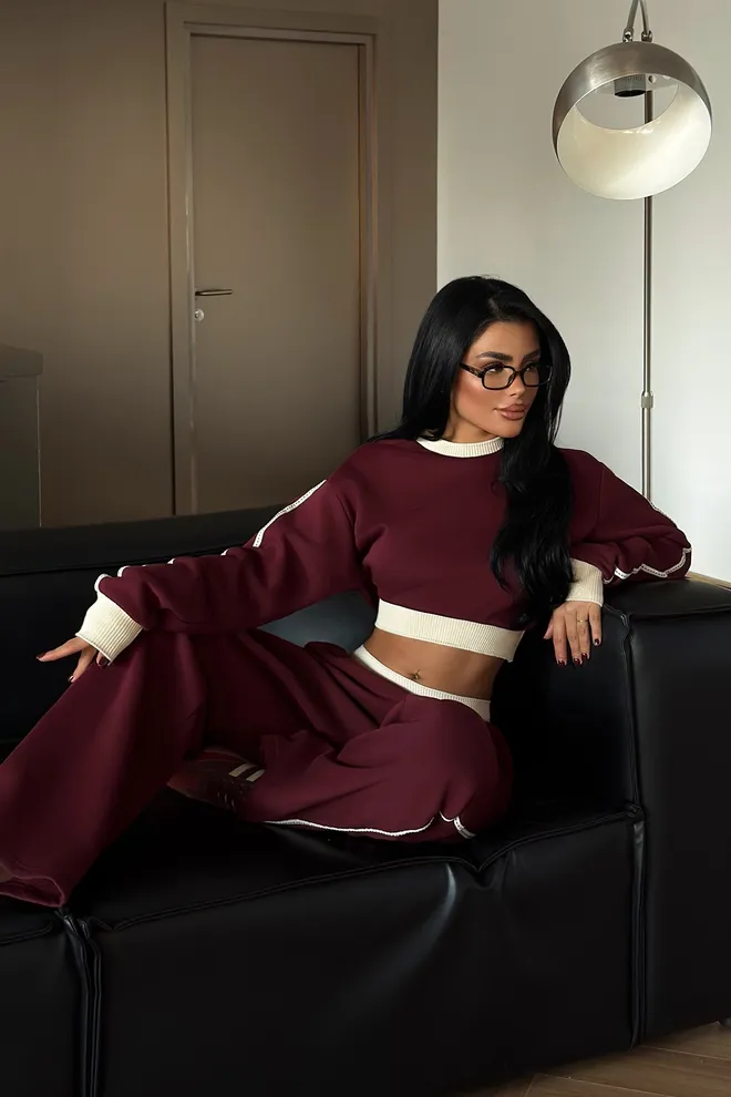 EYYO ATELIER Claret Red Striped Casual Streetwear Set Wholesale Clothing Lounge