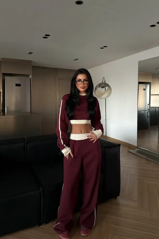 EYYO ATELIER Claret Red Striped Casual Streetwear Set Wholesale Clothing 1