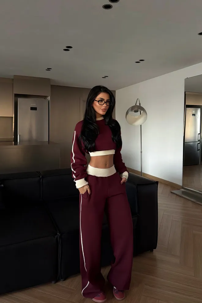 EYYO ATELIER Rinkinys Tamsiai Raudonas Dryžuotas Kasdienis Gatvės Stilius Didmeninė prekyba drabužiais Kokteilinė