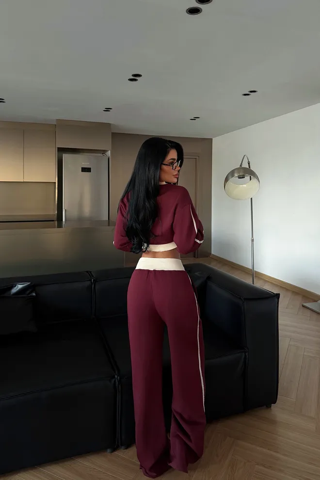 EYYO ATELIER Claret Red Striped Casual Streetwear Set Wholesale Clothing Spring