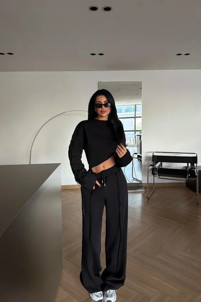 EYYO ATELIER Czarny Casual Garnitur O Luźnym Kroju Z Joggerami Hurtowa sprzedaż odzieży Odpoczynek