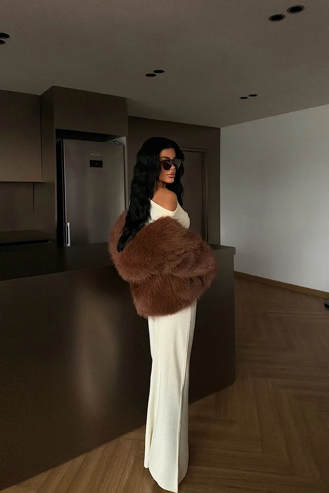 EYYO ATELIER السترة البني الأنيق الجلامي المثير الرسمي العتيق الرجعية الفراء ملابس بالجملة الخريف