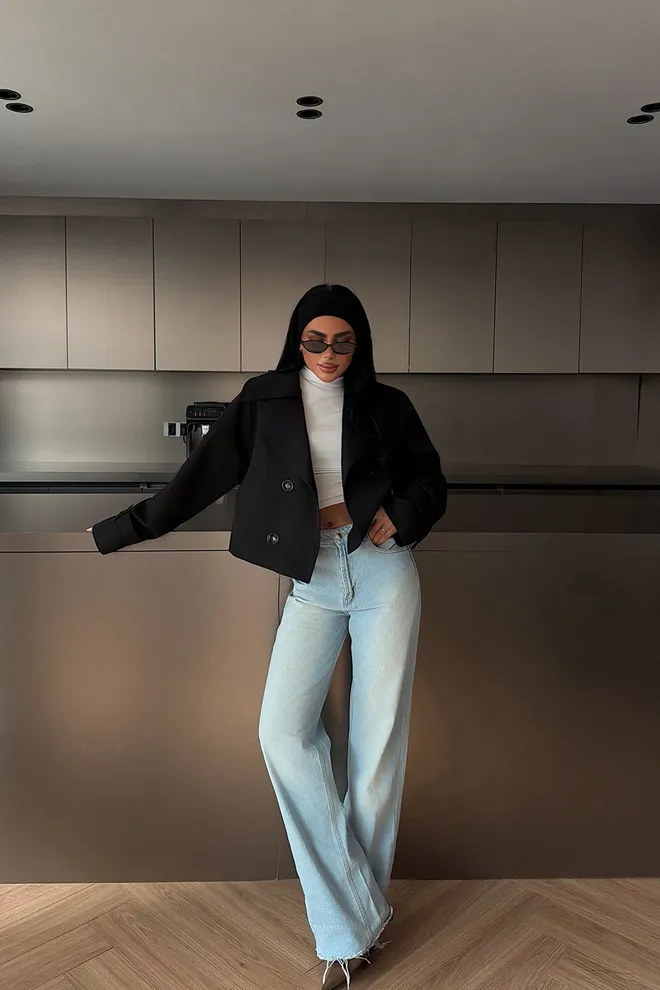 EYYO ATELIER Preto Blazer Double Breasted Jaqueta Roupas por atacado Trabalho