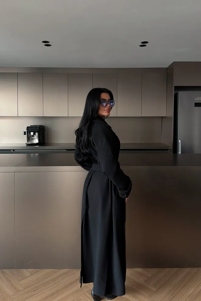 EYYO ATELIER معطف أنيق رسمي التفاف على أسود ملابس بالجملة الخريف