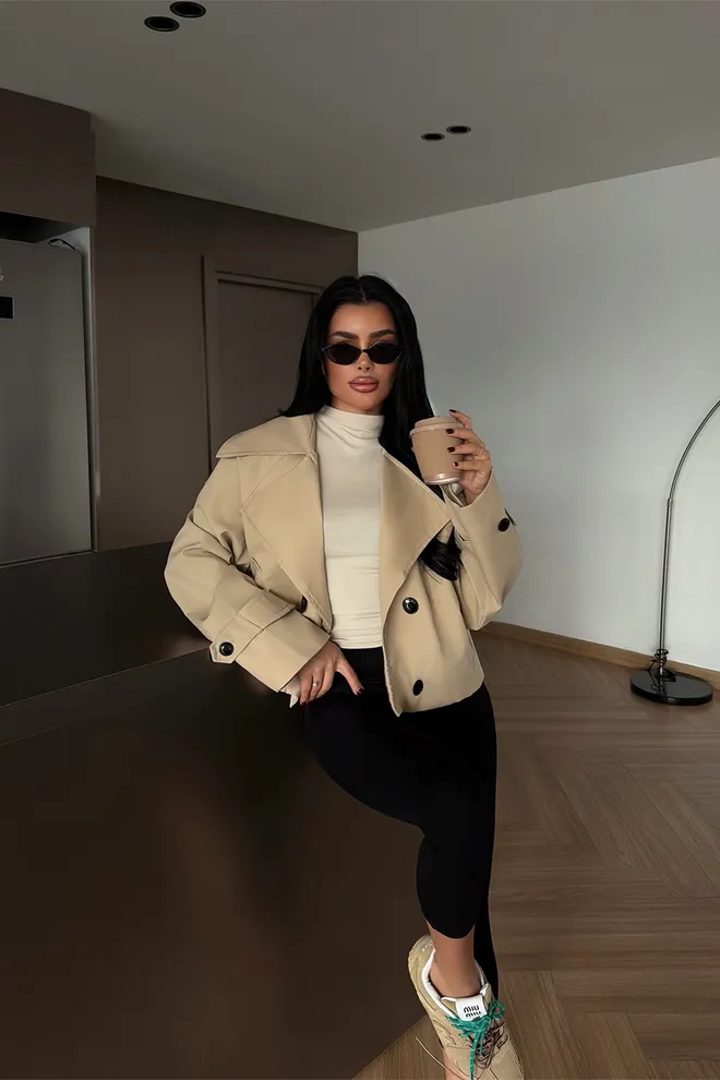 EYYO ATELIER Bege Double Breasted Casual Elegante Casaco Roupas por atacado A relaxar