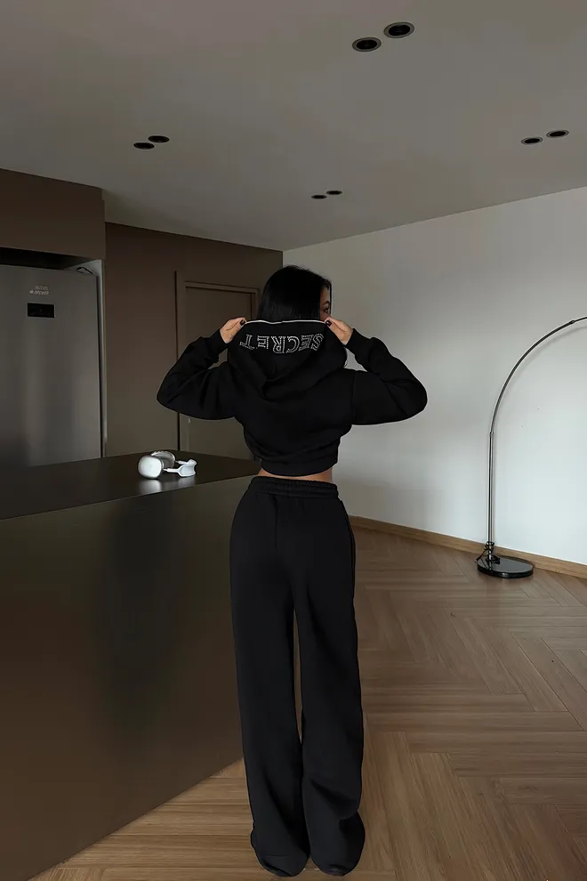 EYYO ATELIER Black Tracksuit Sporty Casual Zip Up Jogger Set Wholesale Clothing Spring