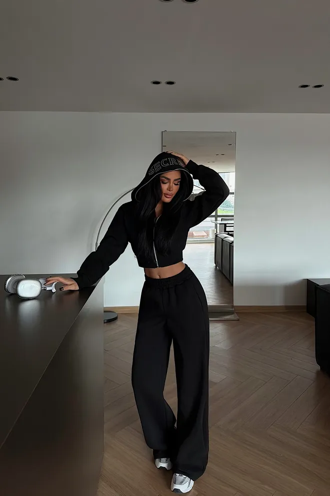 EYYO ATELIER Black Tracksuit Sporty Casual Zip Up Jogger Set Wholesale Clothing Lounge