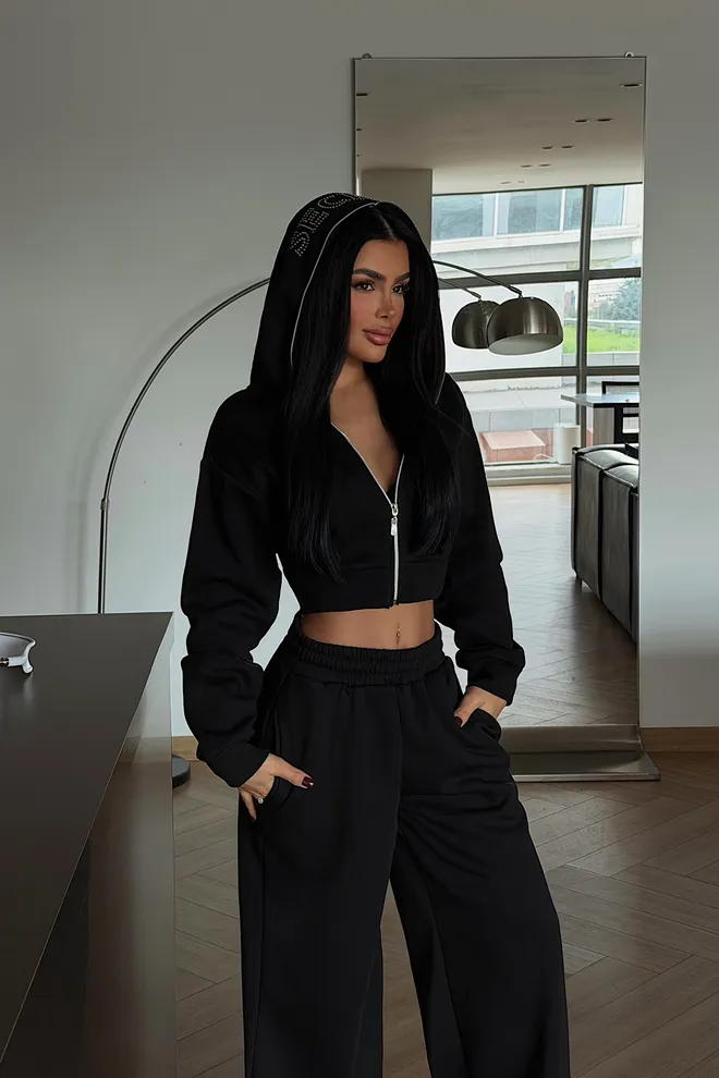 EYYO ATELIER Black Tracksuit Sporty Casual Zip Up Jogger Set Wholesale Clothing 1