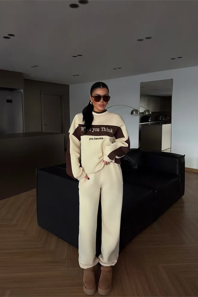 EYYO ATELIER Beige Tracksuit Oversized Fit With Letter Print Wholesale Clothing 1