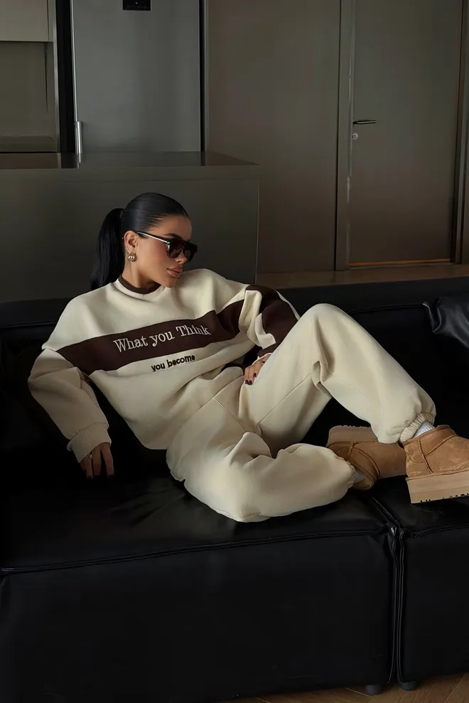 EYYO ATELIER Beige Tracksuit Oversized Fit With Letter Print Wholesale Clothing Lounge