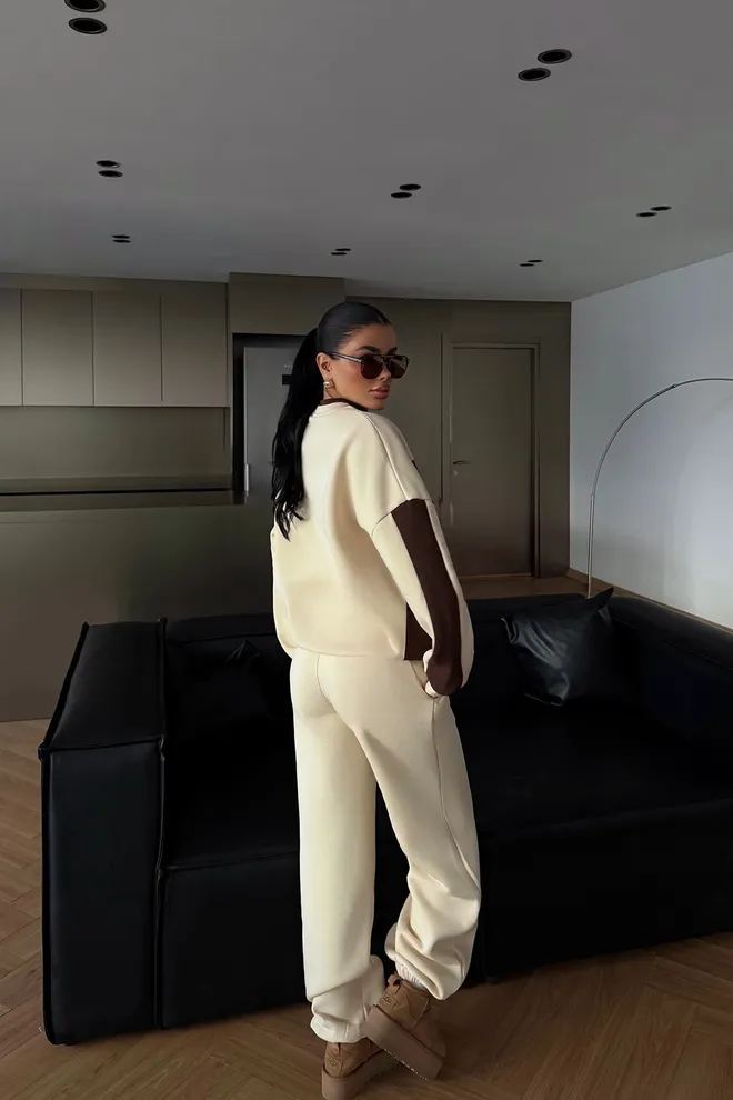 EYYO ATELIER Beige Tracksuit Oversized Fit With Letter Print Wholesale Clothing Spring