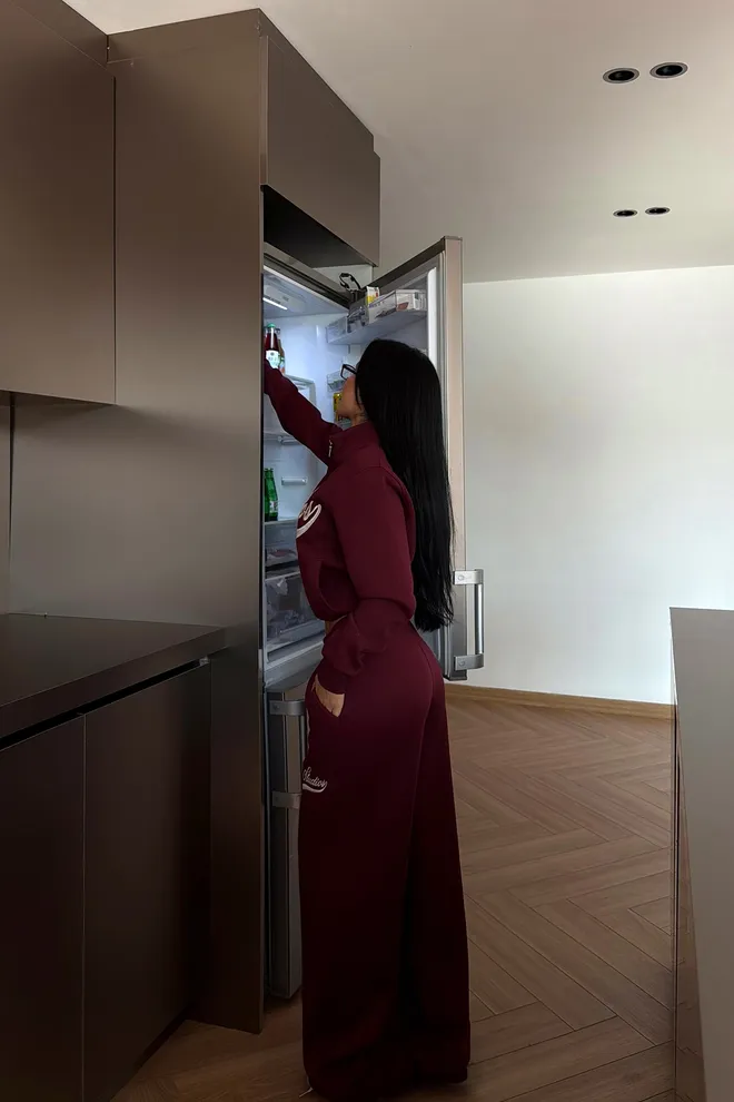 EYYO ATELIER Claret Red Tracksuit With Letter Print And Palazzo Pants Wholesale Clothing Spring