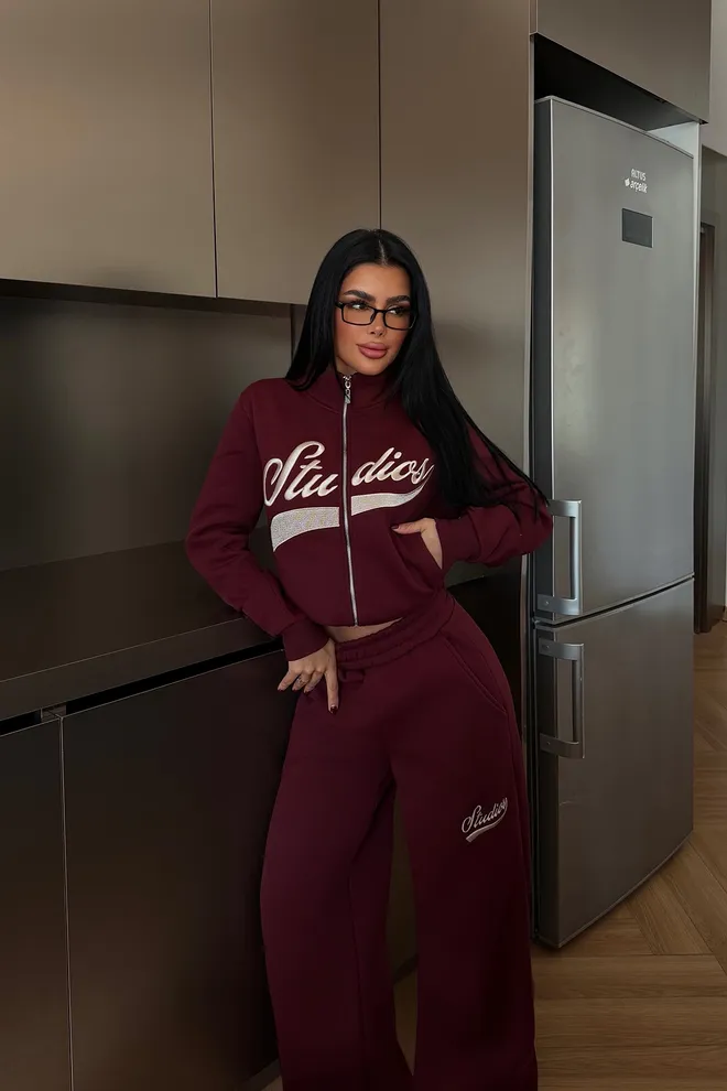 EYYO ATELIER Claret Red Tracksuit With Letter Print And Palazzo Pants Wholesale Clothing Lounge