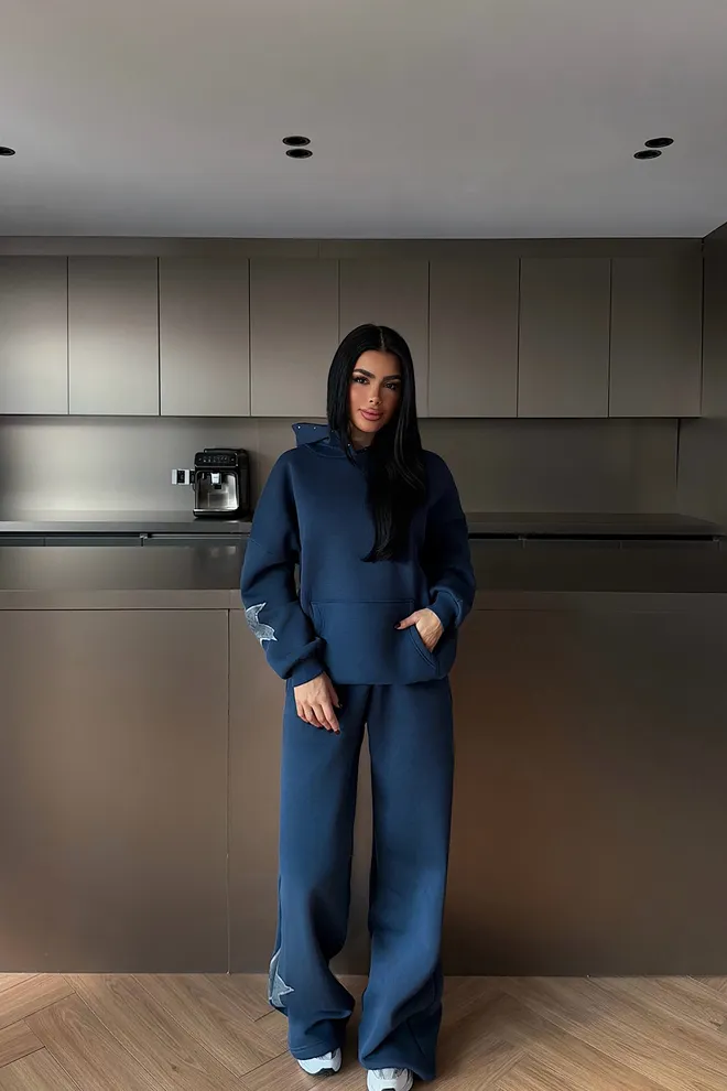 EYYO ATELIER Navy Blue Oversized Fit Tracksuit With Hooded Neck Wholesale Clothing 1