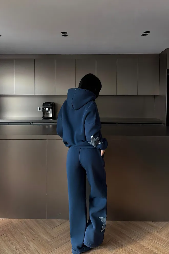 EYYO ATELIER Navy Blue Oversized Fit Tracksuit With Hooded Neck Wholesale Clothing Spring