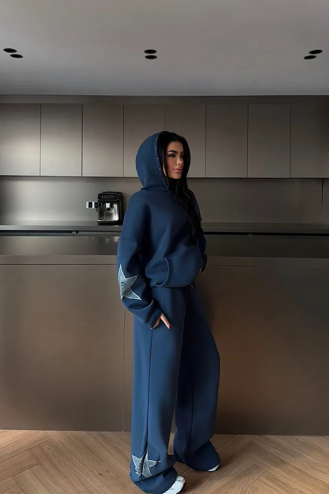 EYYO ATELIER Navy Blue Oversized Fit Tracksuit With Hooded Neck Wholesale Clothing Lounge