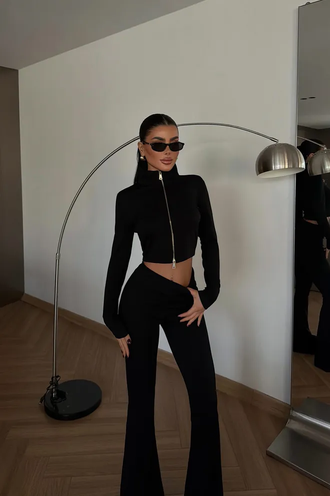 EYYO ATELIER Chándal Negro Slim Fit Con Cremallera Y Pierna Acampanada Ropa al por mayor 1