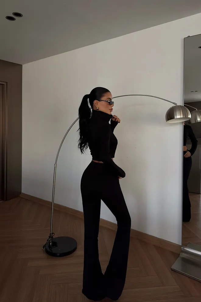 EYYO ATELIER Chándal Negro Slim Fit Con Cremallera Y Pierna Acampanada Ropa al por mayor Primavera