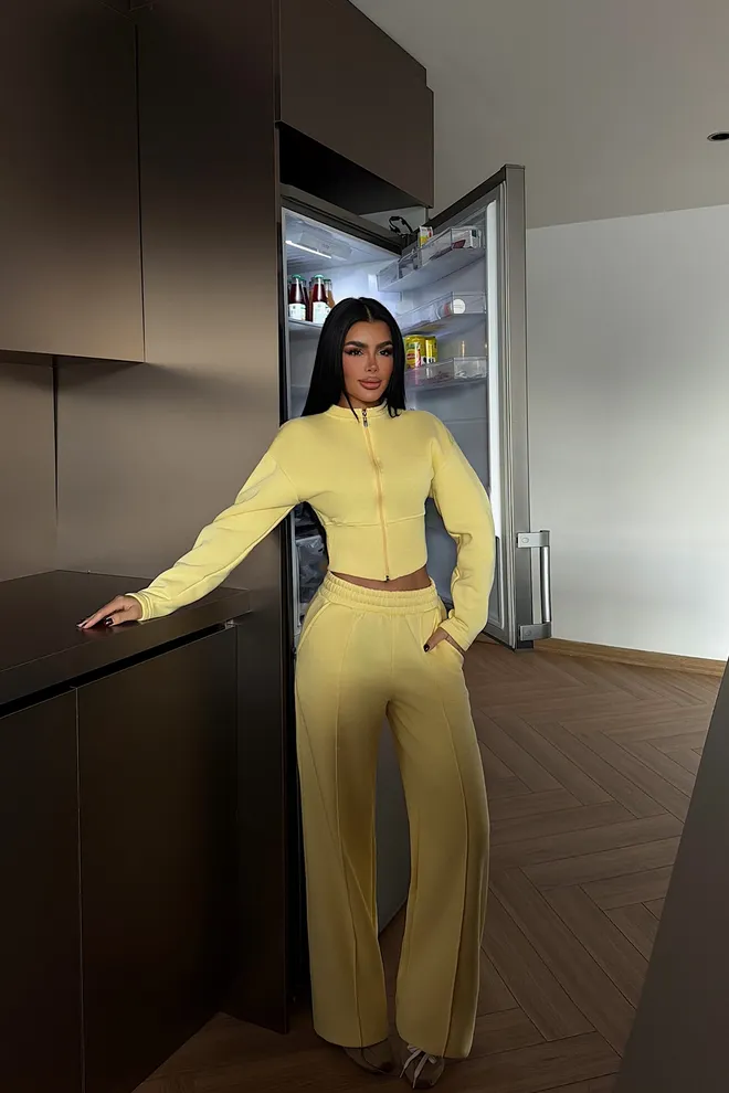 EYYO ATELIER Chándal Amarillo Con Cuello Alto Y Pantalones Palazzo De Pierna Ancha Ropa al por mayor Casual