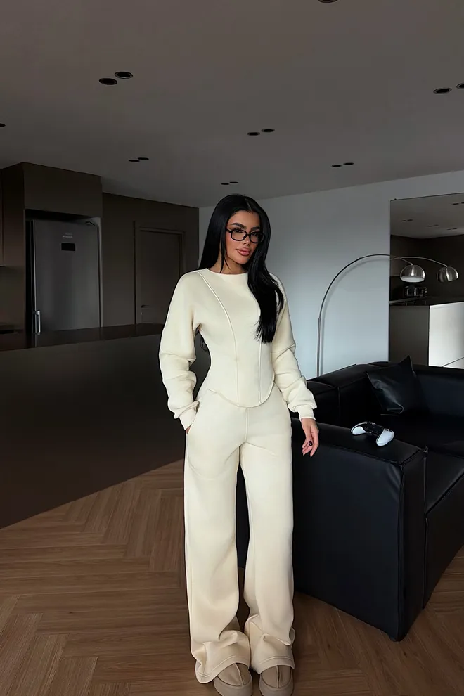 EYYO ATELIER Bej Eşofman Takımı Palazzo Pantolon Ve Yan Ceplerle Toptan Giyim Gündelik