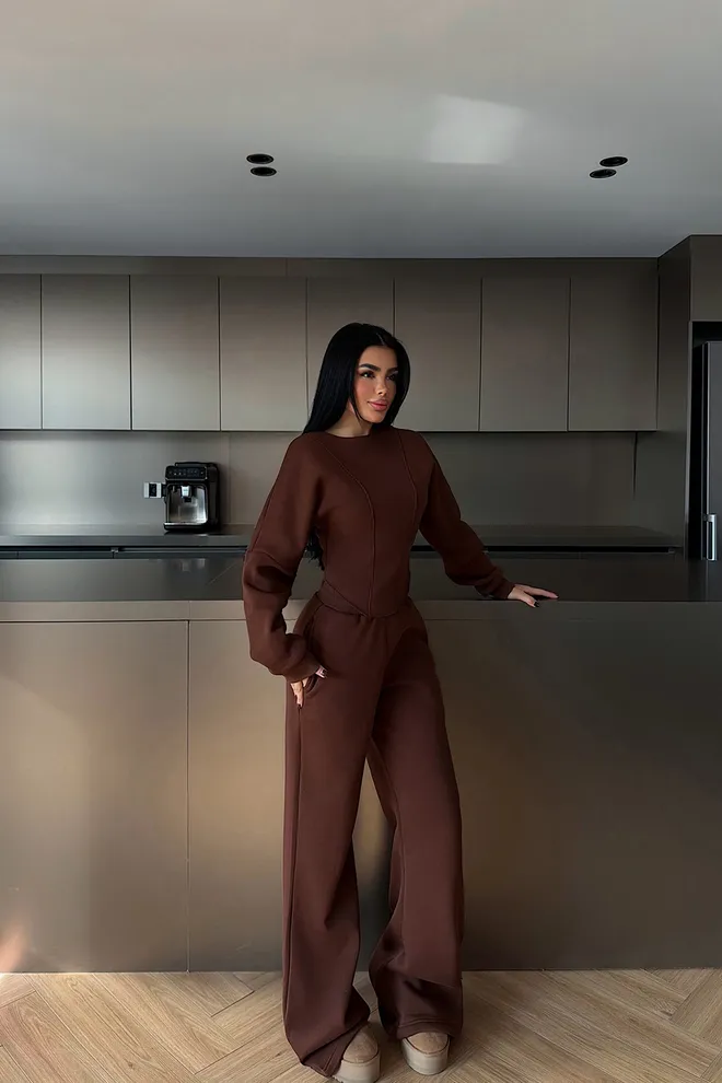 EYYO ATELIER Brown Tracksuit Casual Sport Elegant Jogger Wholesale Clothing Lounge