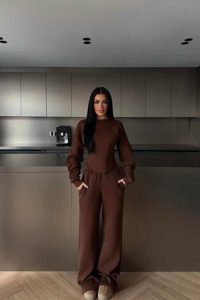 EYYO ATELIER مجموعة رياضية بني كاجوال رياضات أنيق جوغر ملابس بالجملة غير رسمي