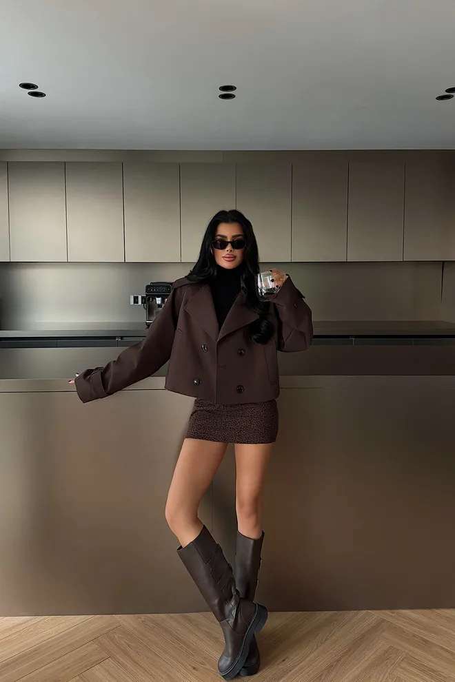 EYYO ATELIER Brown Double Breasted Oversized Crop Coat Wholesale Clothing Lounge