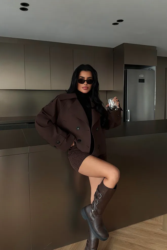 EYYO ATELIER Brown Double Breasted Oversized Crop Coat Wholesale Clothing 1