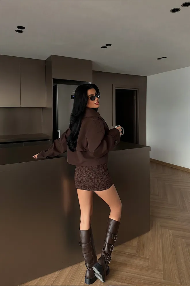 EYYO ATELIER Brown Double Breasted Oversized Crop Coat Wholesale Clothing Spring