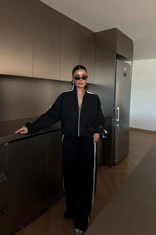 EYYO ATELIER Black Tracksuit Oversized Fit With Striped Palazzo Pants Wholesale Clothing Lounge