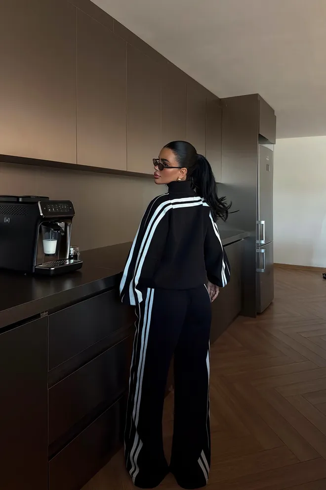 EYYO ATELIER Black Tracksuit Oversized Fit With Striped Palazzo Pants Wholesale Clothing Spring