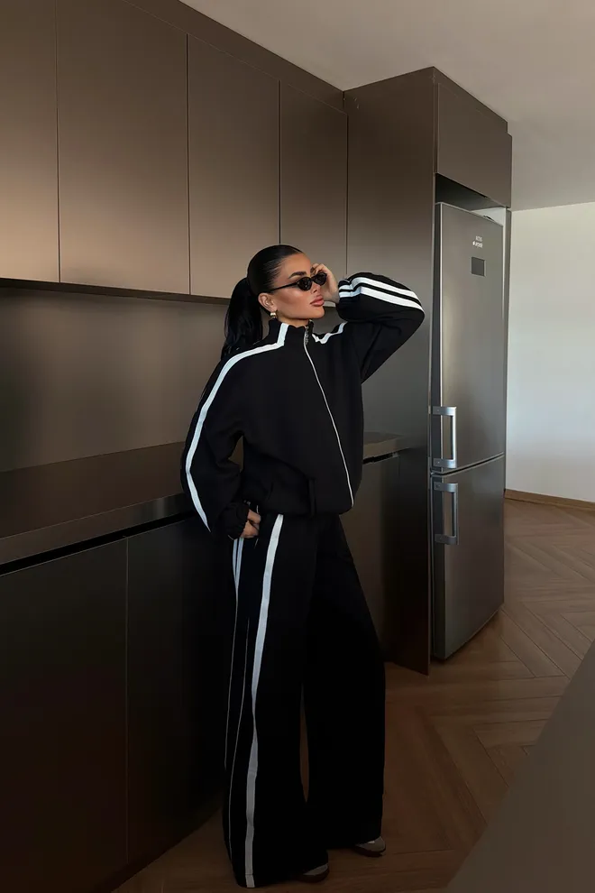 EYYO ATELIER Black Tracksuit Oversized Fit With Striped Palazzo Pants Wholesale Clothing Casual
