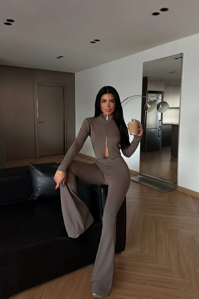 EYYO ATELIER Tuta Marrone Slim Fit Bootcut Zip Up Abbigliamento all'ingrosso Casuale