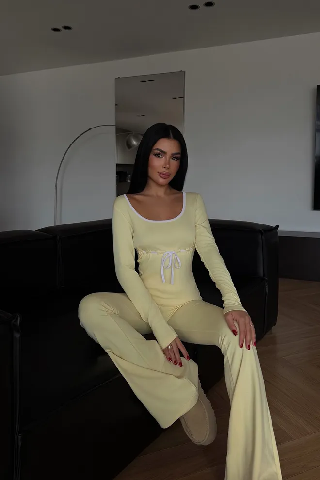 EYYO ATELIER Abito Giallo Casual Sexy Con Pantaloni Palazzo Svasati Abbigliamento all'ingrosso Da cocktail