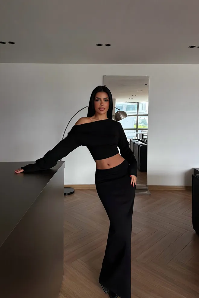 EYYO ATELIER Traje Negro Slim Fit Con Falda Maxi Sirena Ropa al por mayor Sexy