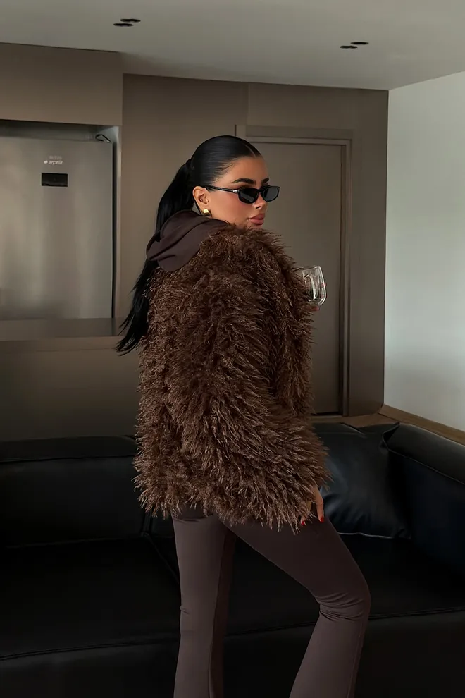 EYYO ATELIER Brown Teddy Oversized Fit Casual Glam Jacket Wholesale Clothing Fall