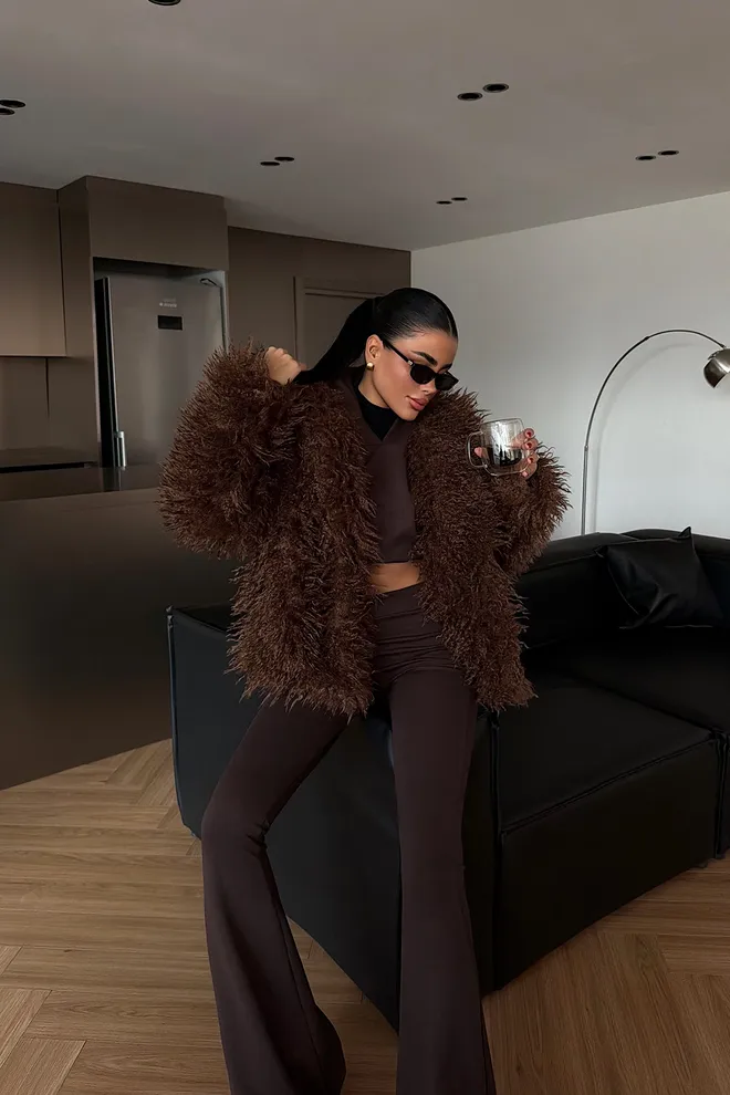 EYYO ATELIER Brown Teddy Oversized Fit Casual Glam Jacket Wholesale Clothing 1