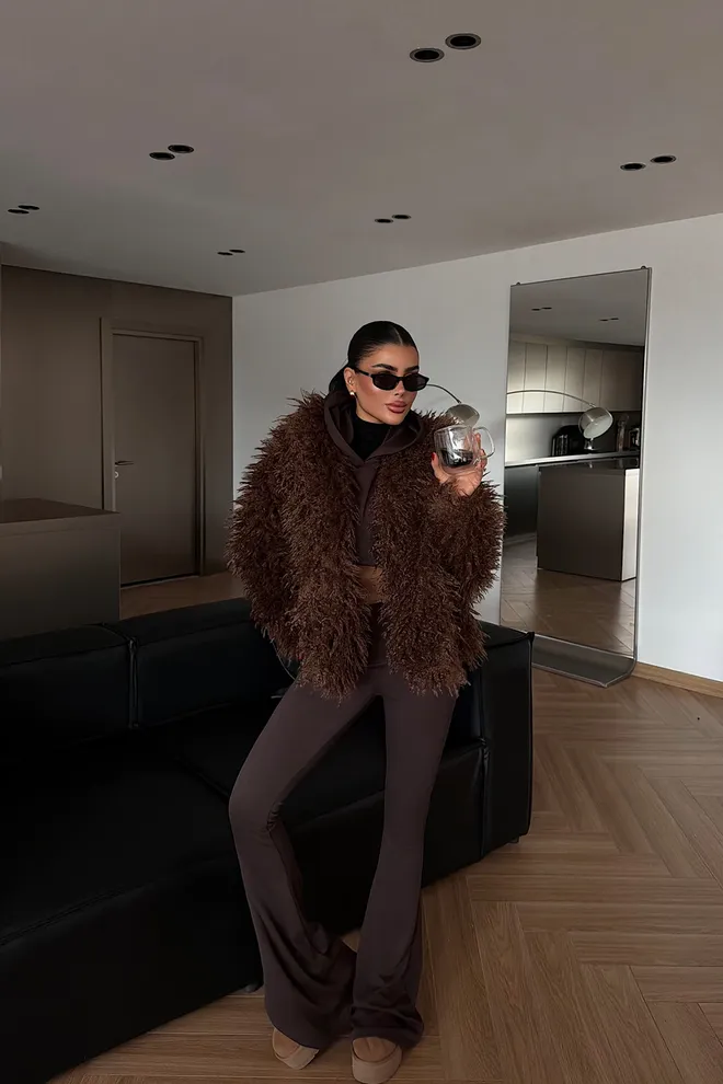 EYYO ATELIER Brown Teddy Oversized Fit Casual Glam Jacket Wholesale Clothing Lounge