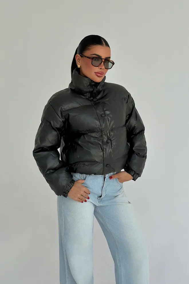 EYYO ATELIER Siyah Şişme Ceket Yüksek Yaka Bol Kalıp Toptan Giyim Gündelik