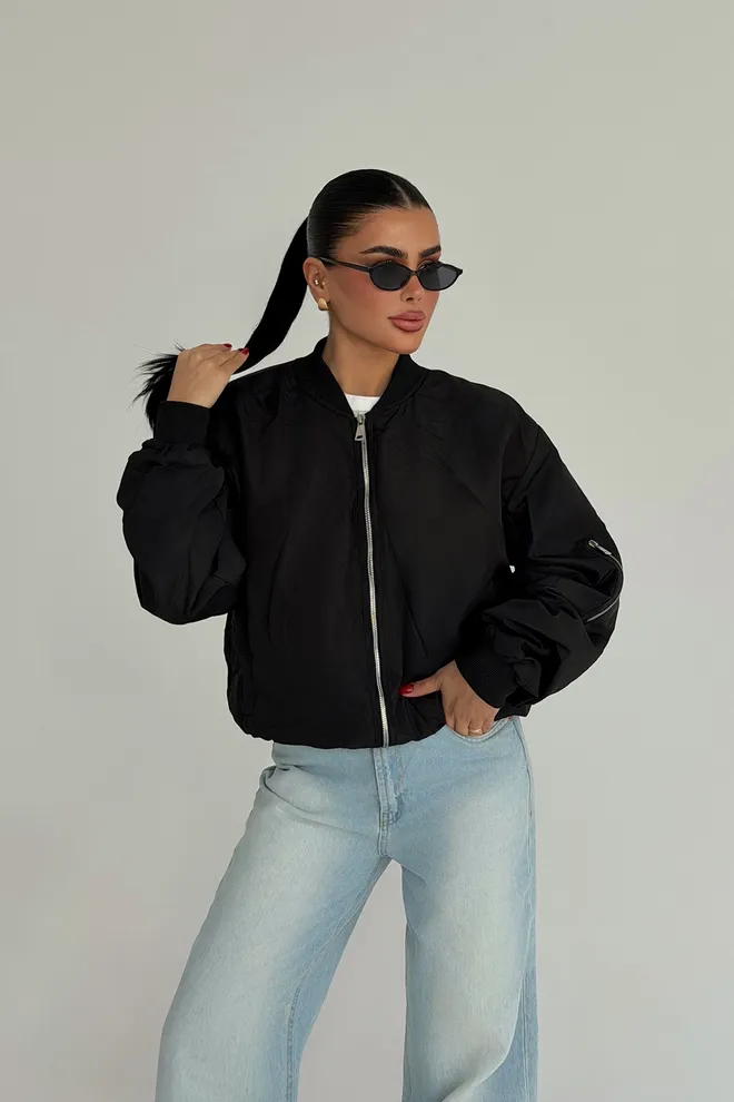 EYYO ATELIER Blouson Bomber Noir Grande Taille Décontracté Streetwear Vêtements en gros Décontracté