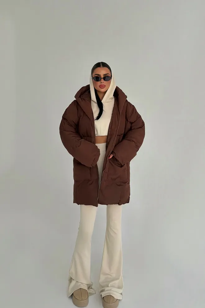 EYYO ATELIER Kapüşonlu Kahverengi Şişme Ceket Toptan Giyim Tesettür