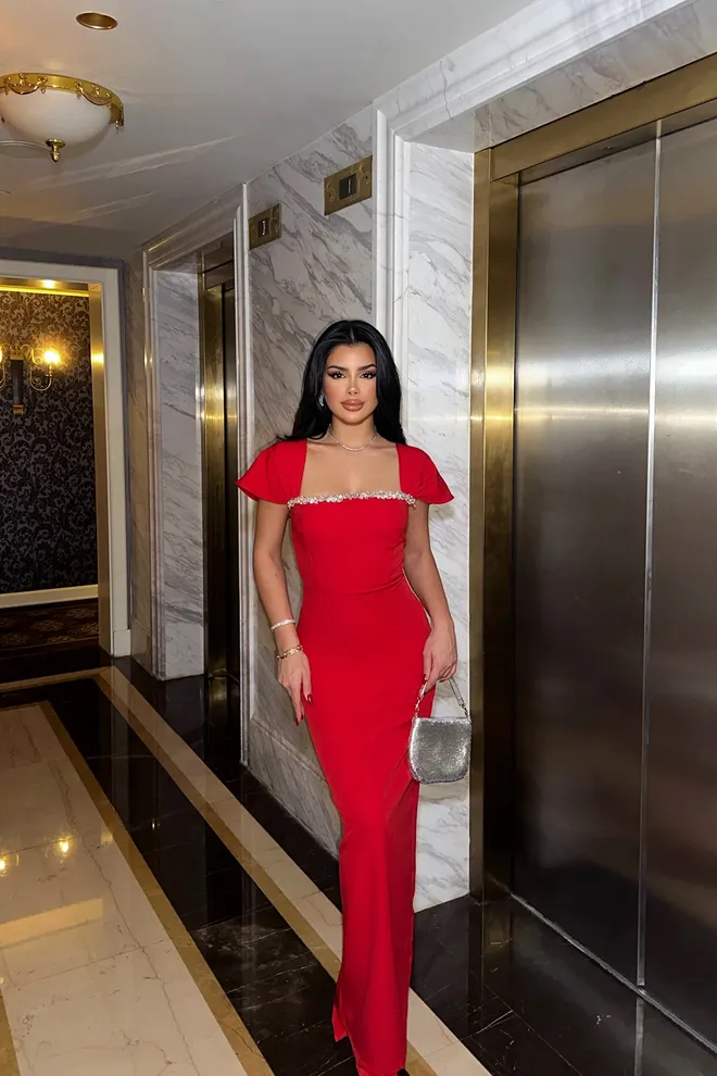 EYYO ATELIER Robe Mi longue Rouge Avec Détails En Pierre Vêtements en gros Élégant