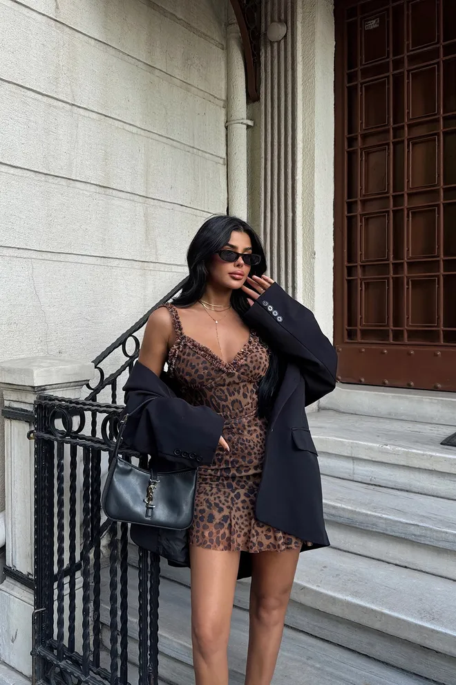 EYYO ATELIER Minivestido De Tul Con Estampado De Leopardo Marrón Ropa al por mayor Sexy