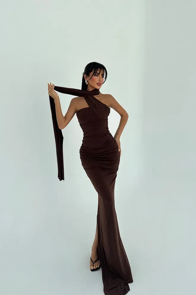EYYO ATELIER Brown Sexy Elegant Formal Glam Bodycon Dress Wholesale Clothing Wedding