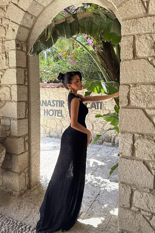 EYYO ATELIER Black Brooch Detail Long Dress Wholesale Clothing Spring