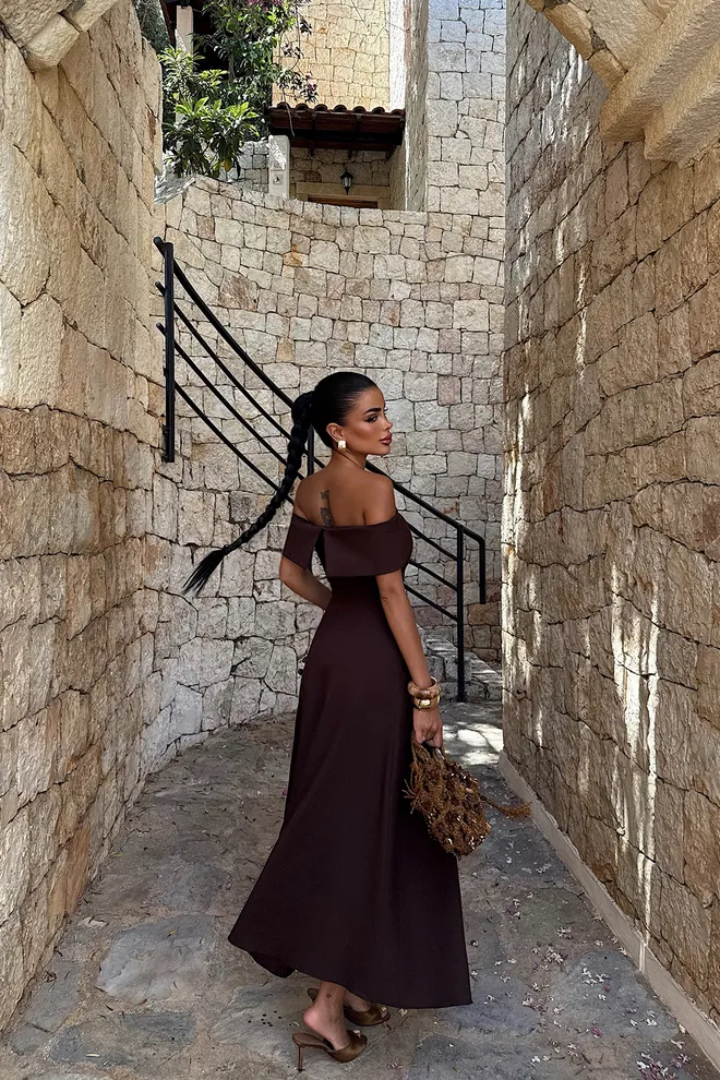 EYYO ATELIER Zarif Kahverengi A Kesim Omzu Açık Elbise Toptan Giyim Kokteyl