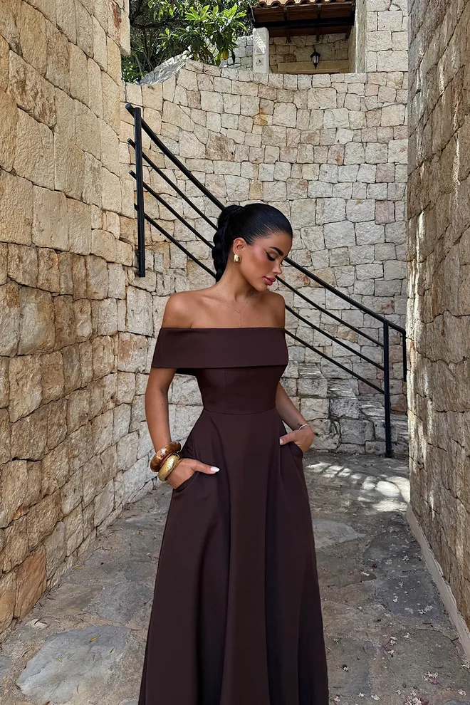 EYYO ATELIER Елегантна Кафява Рокля А силует С Паднали Презрамки Дрехи на едро Секси