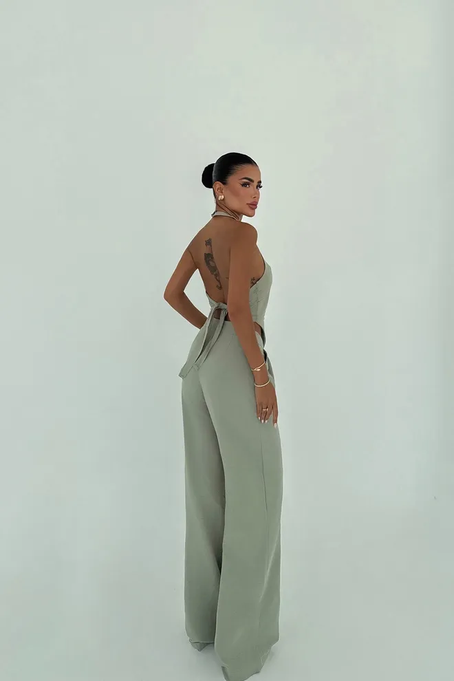 EYYO ATELIER Khaki Sleeveless Halter Neck Palazzo Suit Wholesale Clothing Sexy