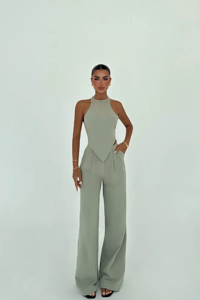 EYYO ATELIER Khaki Sleeveless Halter Neck Palazzo Suit Wholesale Clothing Work