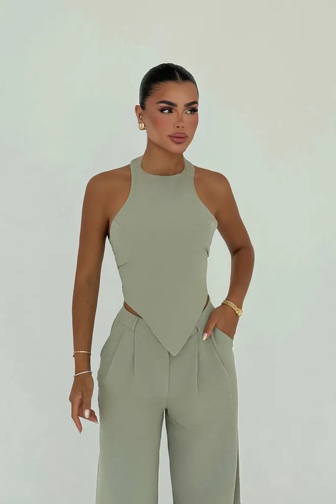 EYYO ATELIER Khaki Sleeveless Halter Neck Palazzo Suit Wholesale Clothing Spring